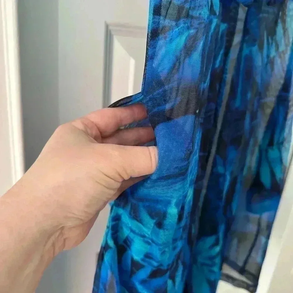 Miraclesuit Blue Palm Leaf Tie Front Beach Swim Cover Up Dress Sheer Sz M NWOT